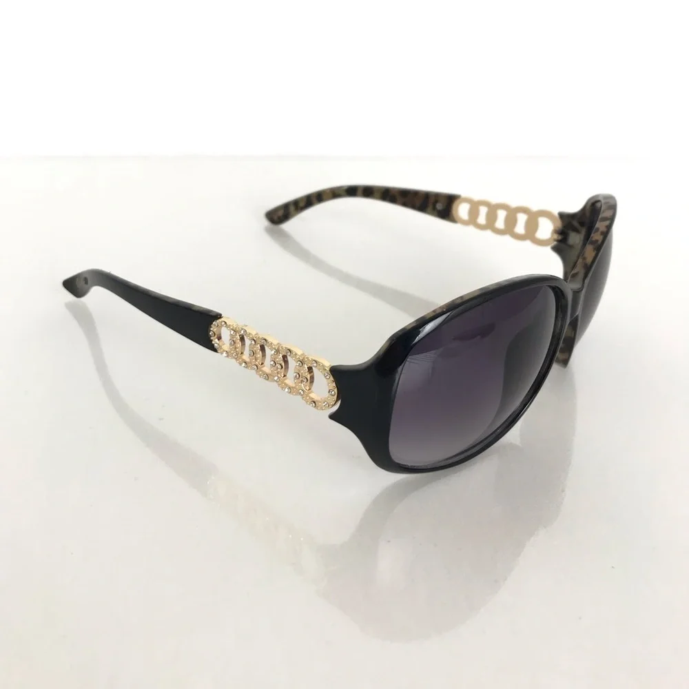 Guess Women's Sunglasses Black Frames W/Leopard Print Gold Rhinestone Accents